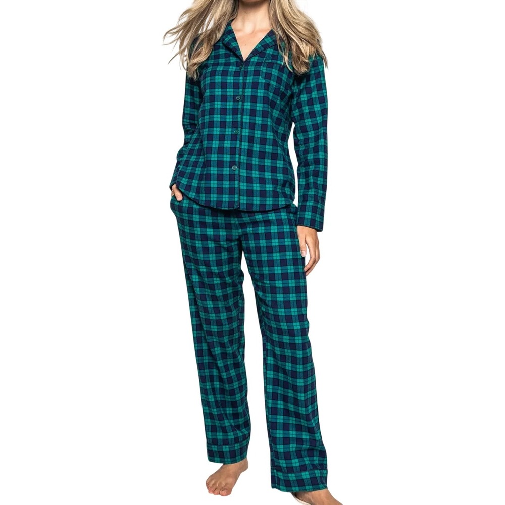 PETITE PLUME Highland Tartan Plaid FLANNEL PAJAMAS SET Shirt/Pants Green/Navy XS